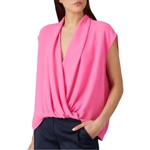 Trina Turk Concourse 2 Draped Faux Wrap Surplice Cap Sleeve Blouse Hot Pink XS/S